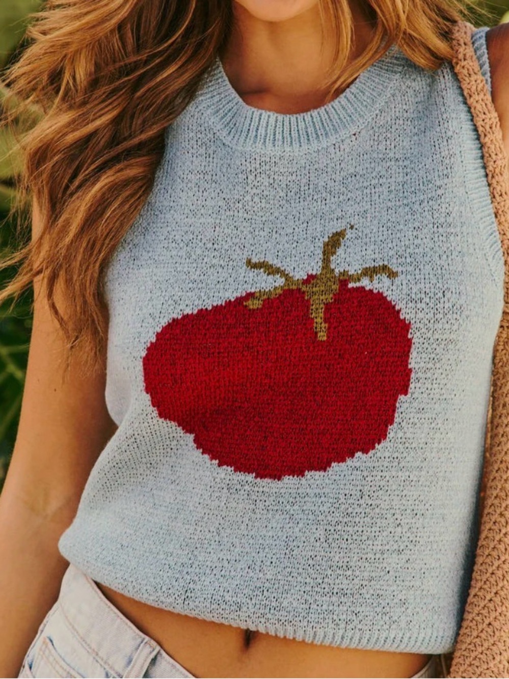 Sky Blue Knit Tomato Appliqué Vest